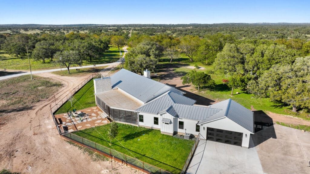 Aerial view of Cherokee Creek View home in the countryside, located between Austin and Dallas, TX
